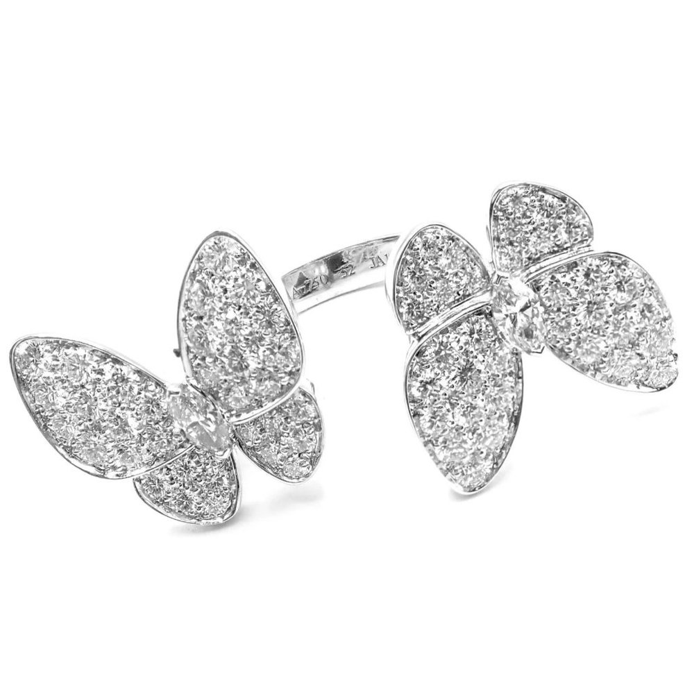 Van Cleef & Arpels 18k White Gold Diamond Two Butterfly Between Finger Ring